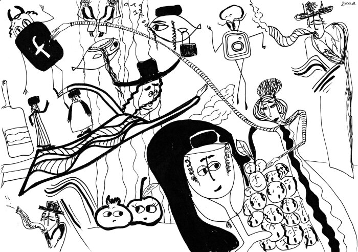 Schwarz Weiß Zeichnung mit verschiedenen Figuren und Personen