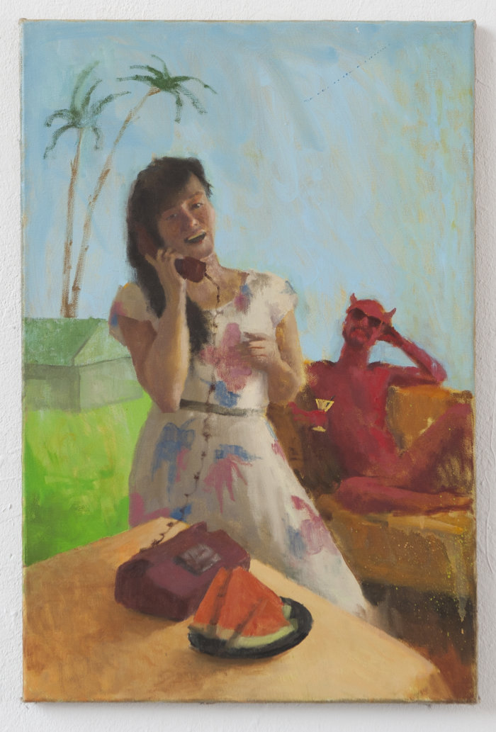 Zohar Fraiman, "Persepone Calling Home", 2014, Öl auf Leinwand Farbenfrohes Gemälde zeigt Frau die telefoniert. Im Hintergrund eine rote gehörnte Männergestalt und Palmen.