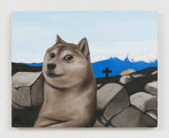 Gemälde eines Hundes vor Gebirgslandschaft mit einem Kreuz