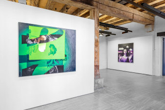 Blick in einen Raum mit weißen Wänden, vorne links ein Gemälde in Grüntönen, hinten rechts ein weiteres Gemälde